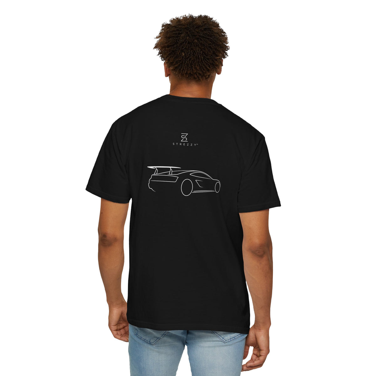 Black graphic T-shirt with car outline back print on model
