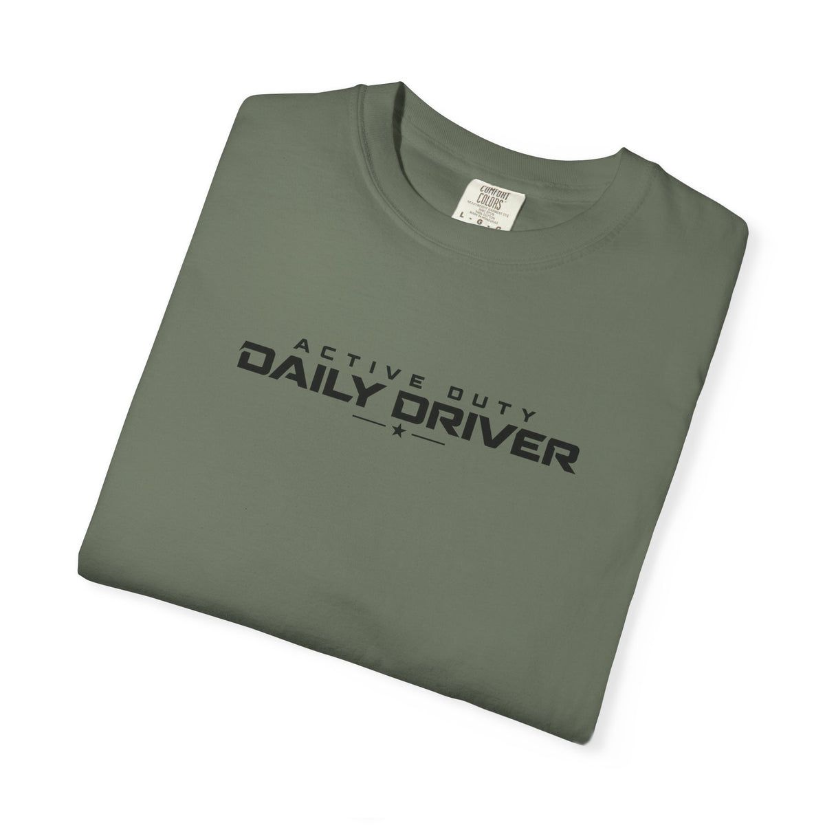 Olive crew-neck T-shirt, angled view, "ACTIVE DUTY DAILY DRIVER" logo