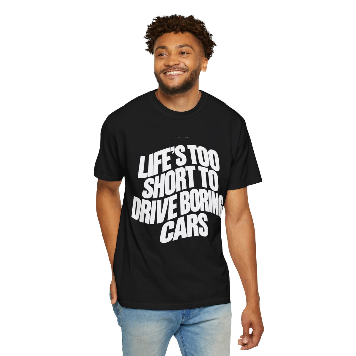 Black short-sleeve graphic T-shirt worn by model, front slogan print