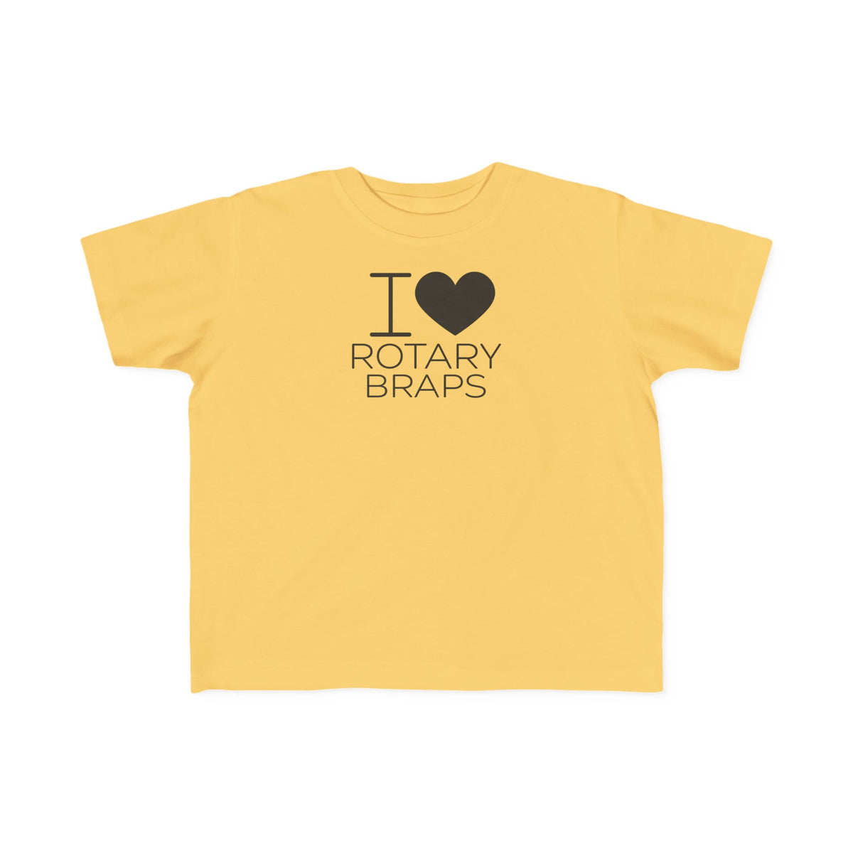 Butter yellow toddler T-shirt with “I ♥ Rotary BRAPS” chest graphic