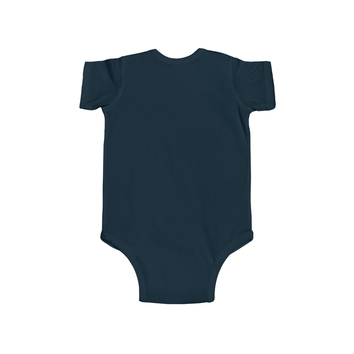 Dark blue short-sleeve baby bodysuit, back view
