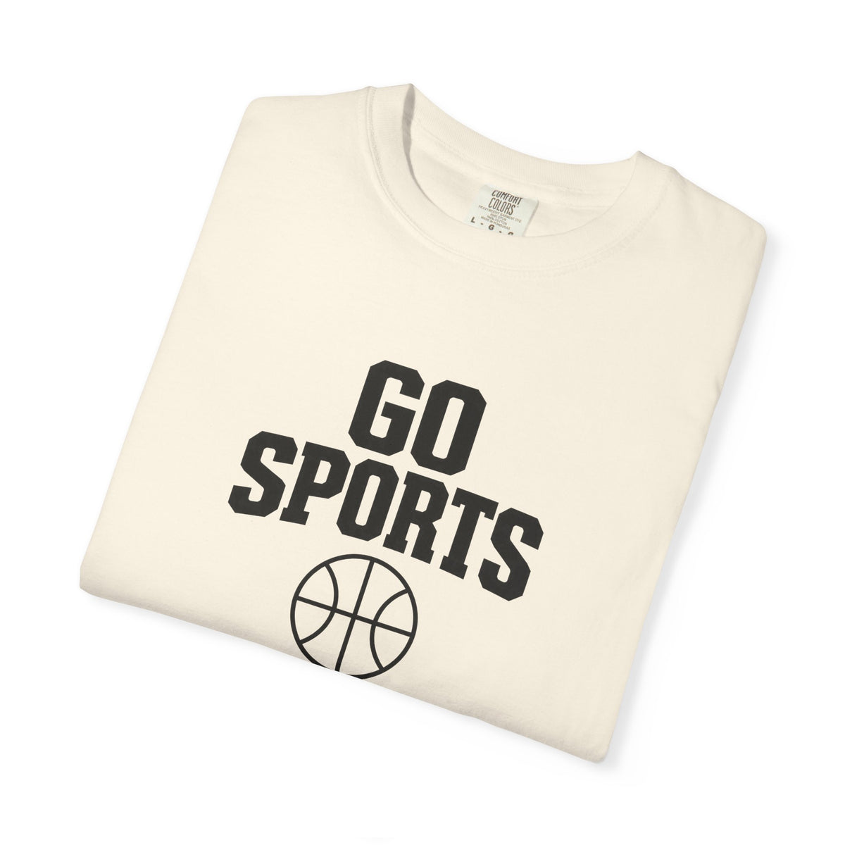 Ivory T-shirt with “Go Sports” basketball graphic on front