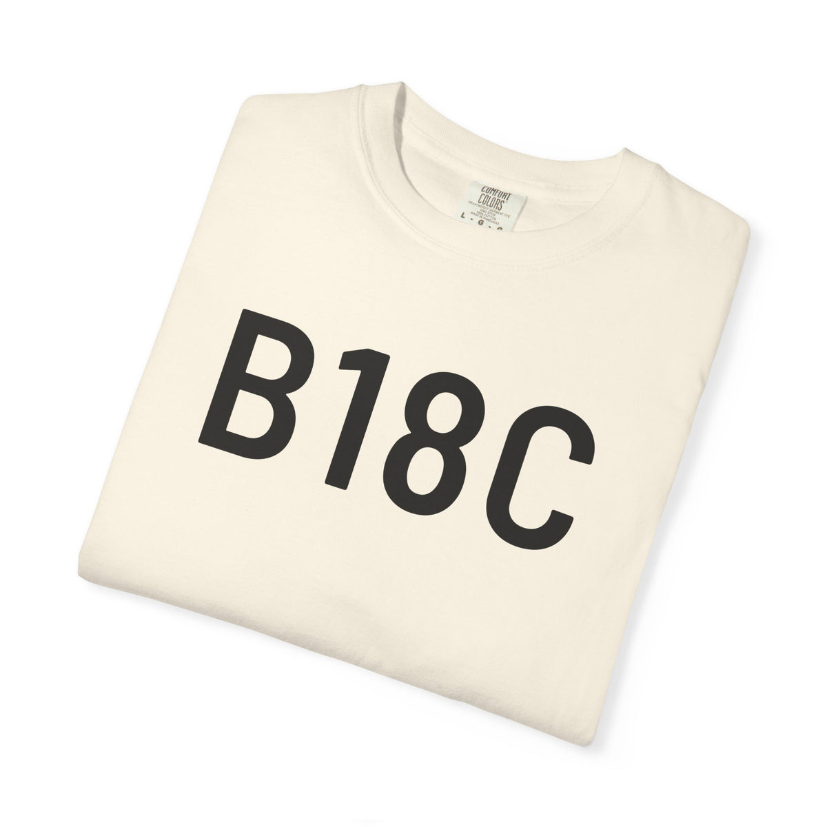 Ivory graphic T-shirt with large black “B18C” print on the chest
