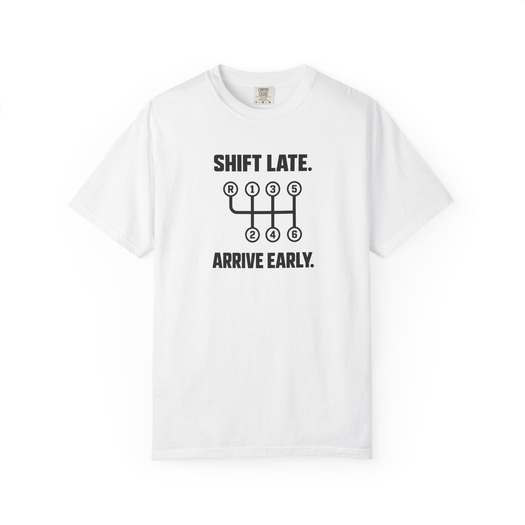 White T-shirt with front graphic text and arrow icon