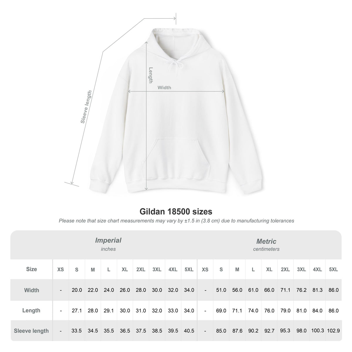 White hoodie size chart graphic with measurements and size table.
