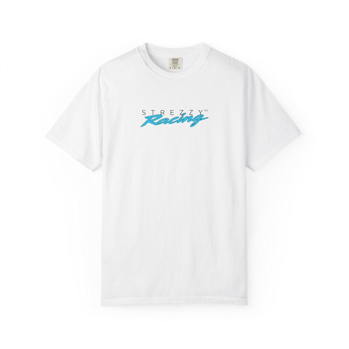 White short-sleeve crewneck t-shirt with colorful Strezzy Racing logo on chest