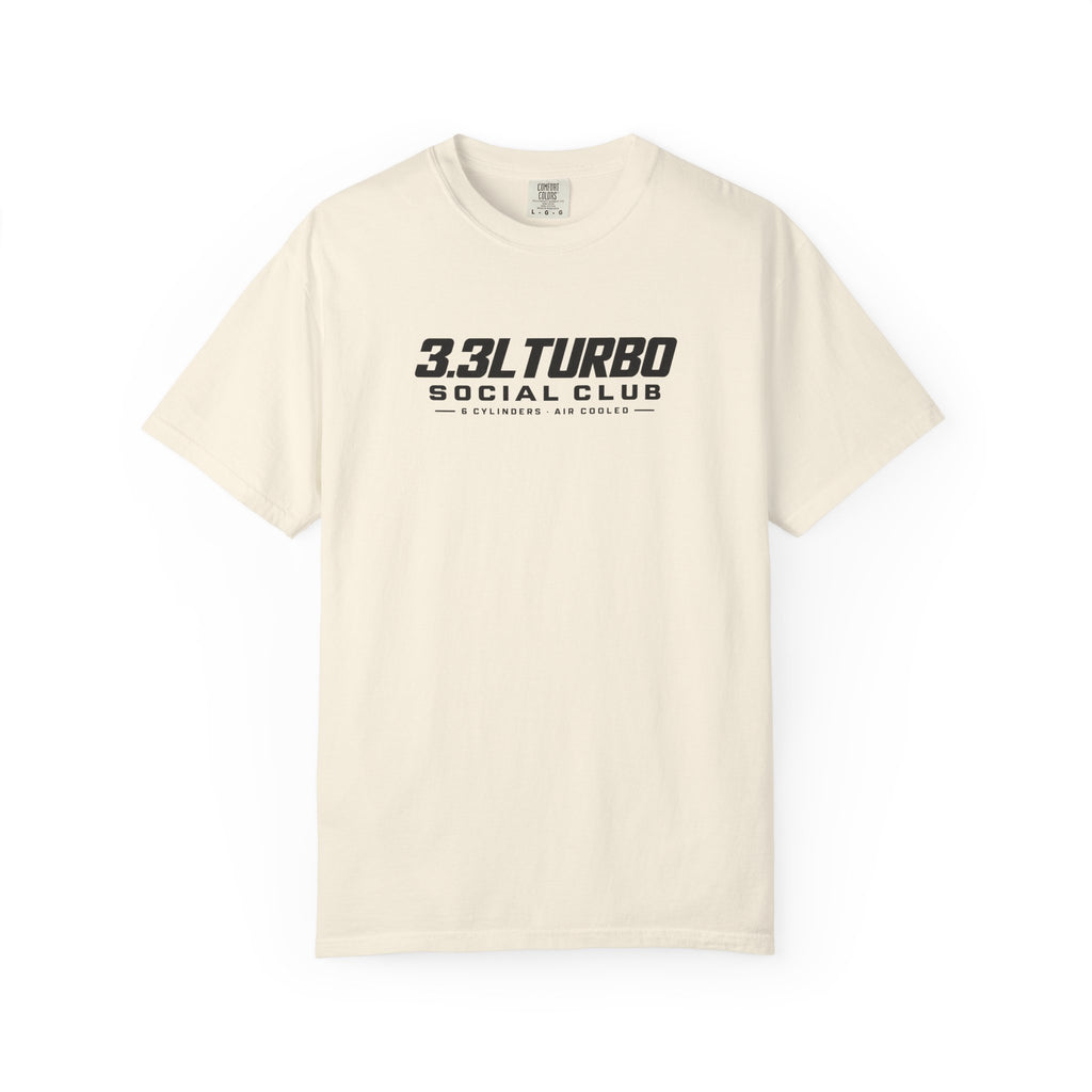 Ivory T-shirt with front '3.3L Turbo Social Club' logo graphic