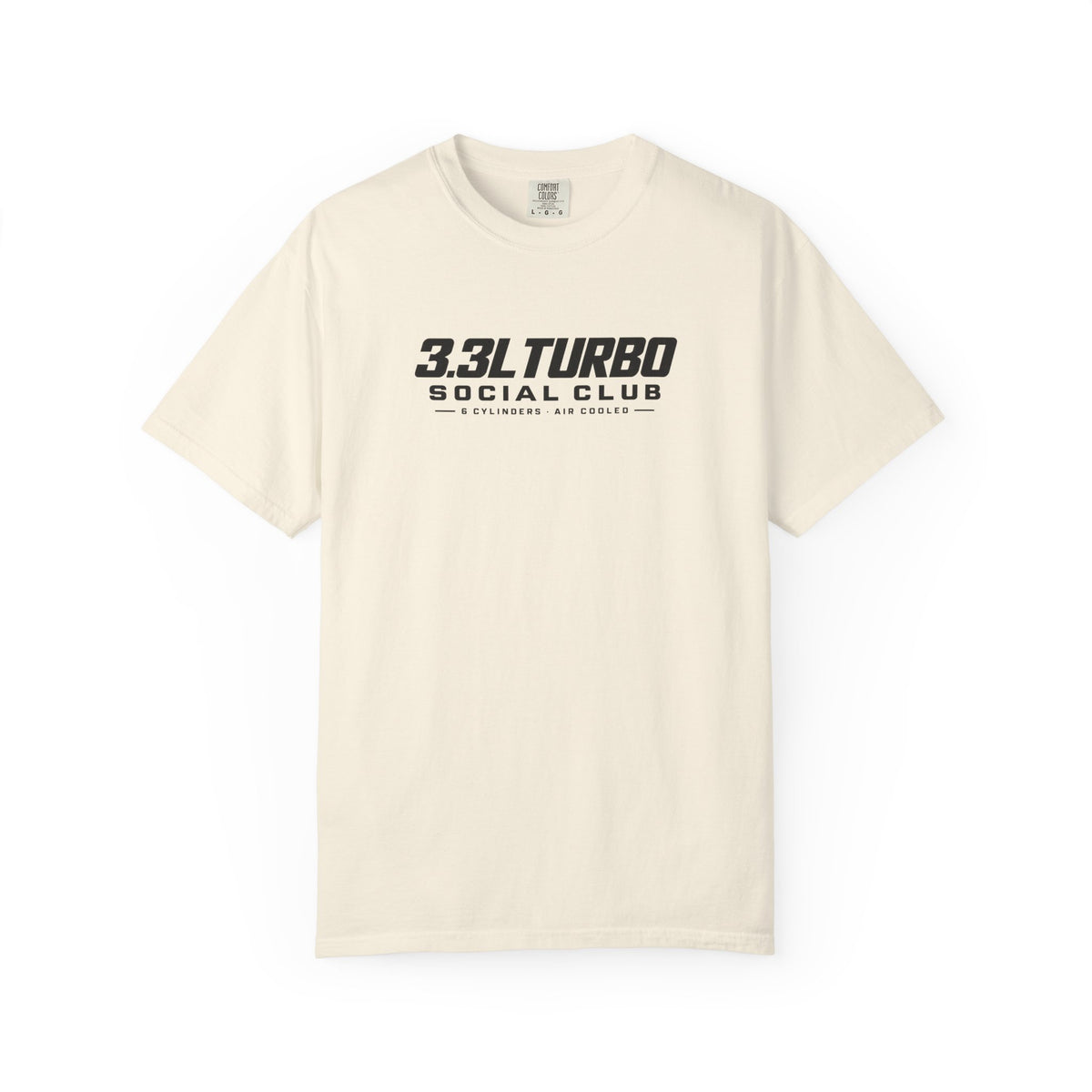 Ivory T-shirt with front '3.3L Turbo Social Club' logo graphic
