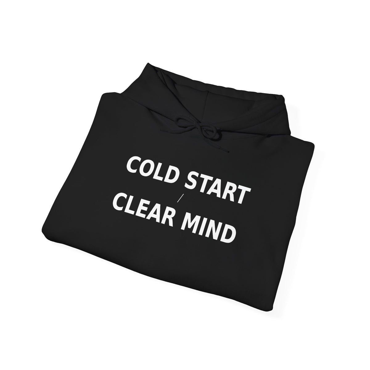 Black hoodie folded with drawstring hood and front text graphic