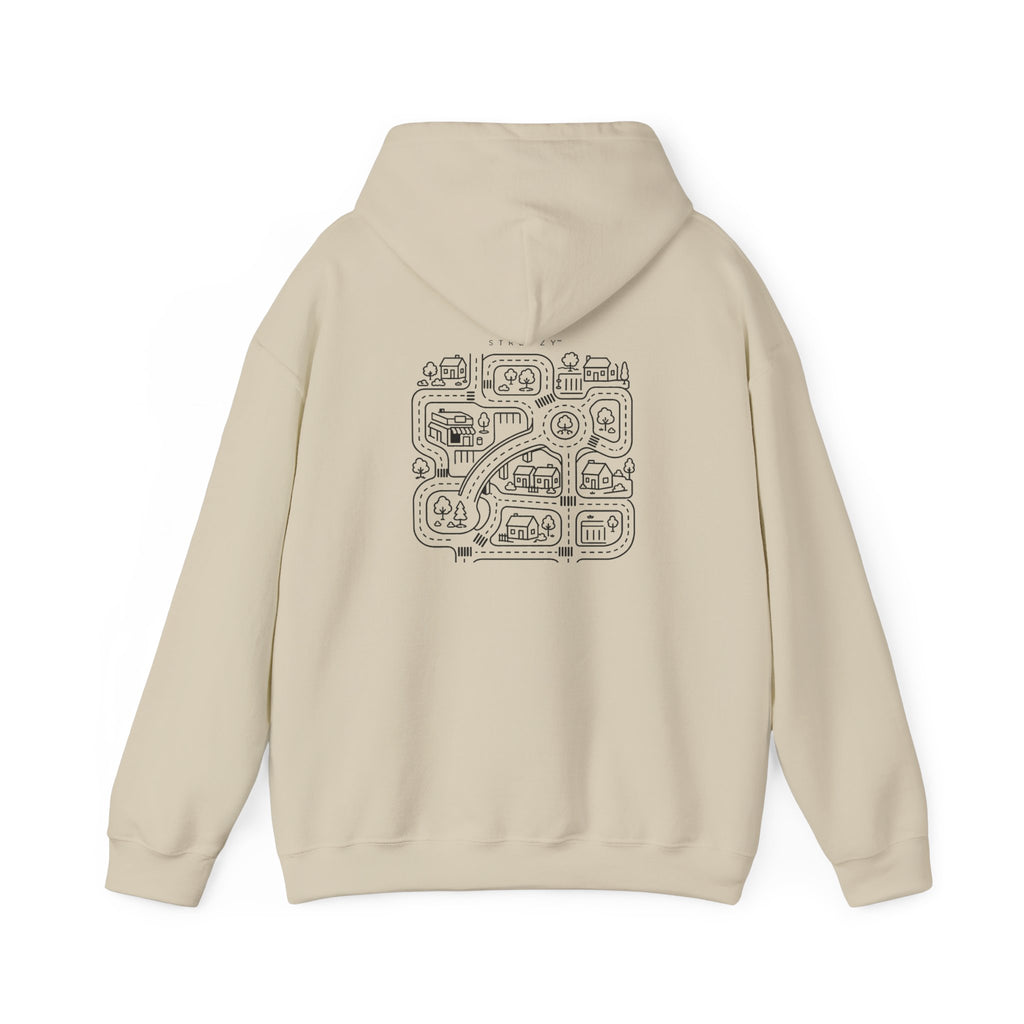 Sand pullover hoodie with back street map graphic and hood