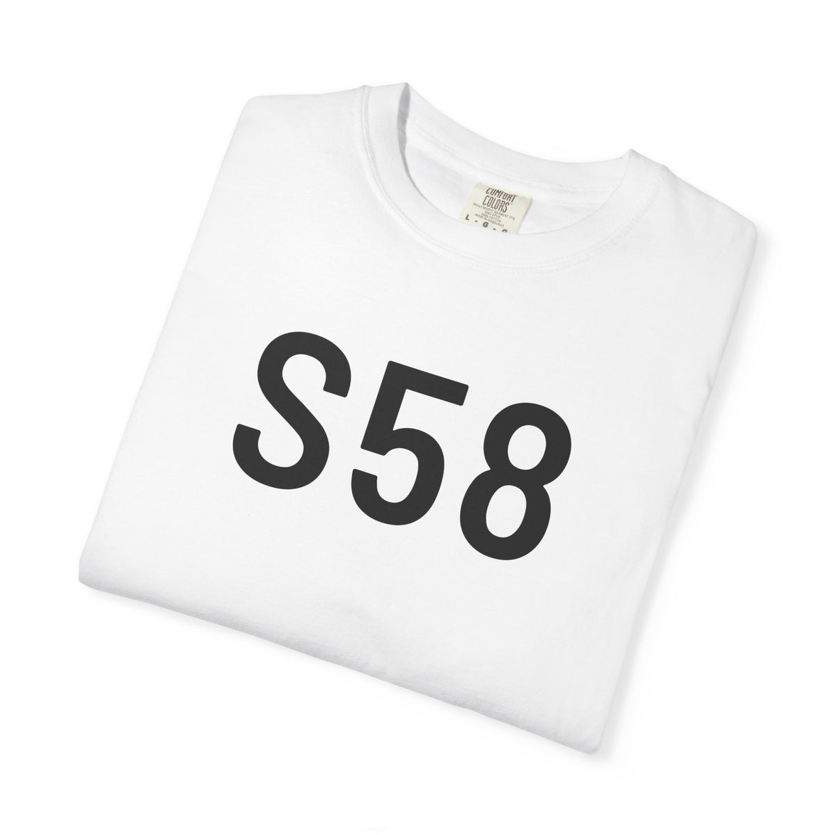 White crew-neck T-shirt with bold S58 graphic on the front