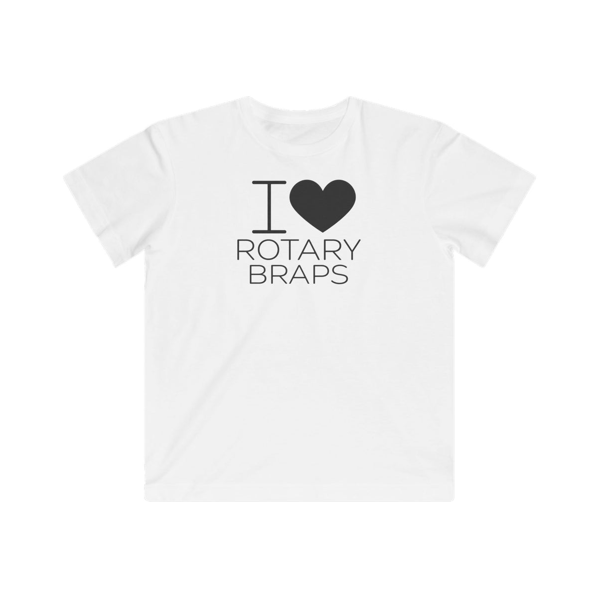 Kids white T-shirt, front heart-and-text graphic: ROTARY BRAPS