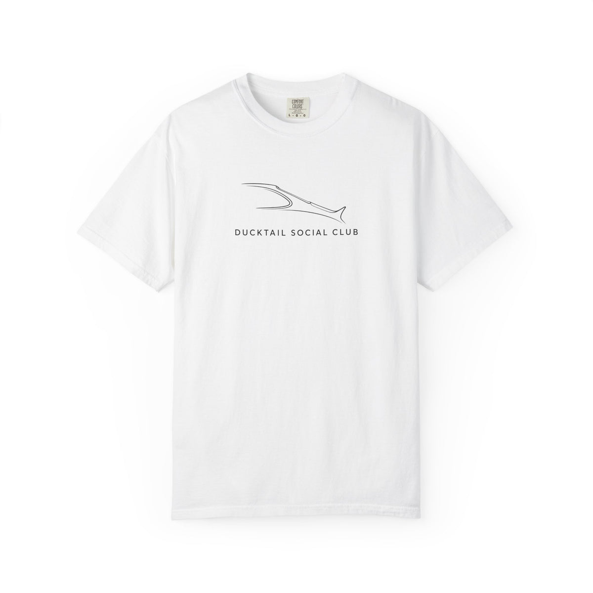 White crew-neck T-shirt with fish logo and “Ducktail Social Club” text print