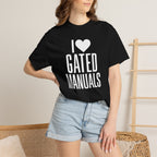 Black crew-neck T-shirt with heart "GATED MANUALS" graphic on model