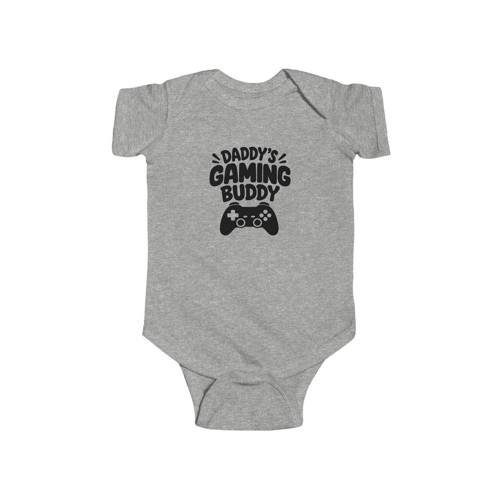 Heather gray baby short-sleeve bodysuit with 'Daddy's Gaming Buddy' controller graphic