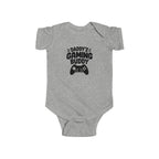 Heather gray baby short-sleeve bodysuit with 'Daddy's Gaming Buddy' controller graphic