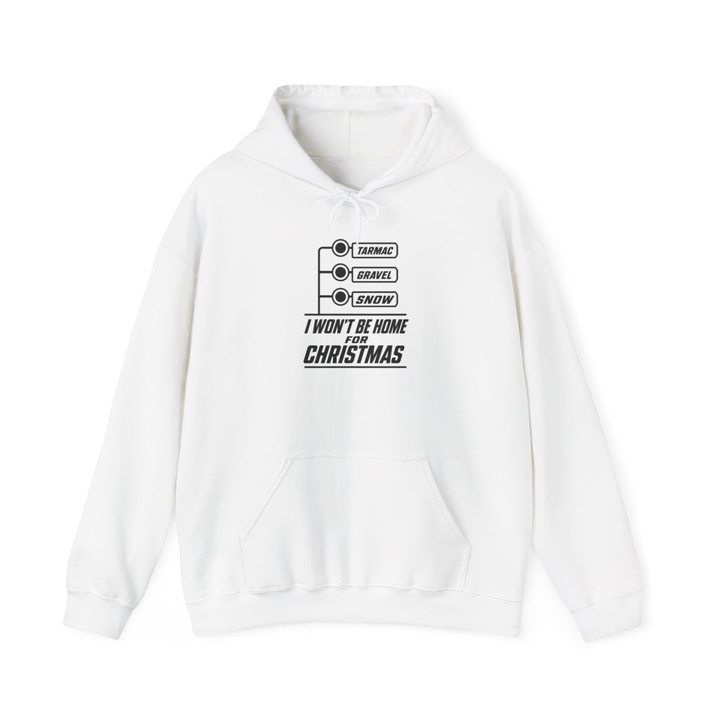White hoodie with front pocket, drawstring hood, and Tarmac/Gravel/Snow graphic text.