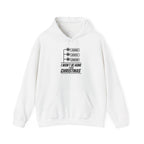 White hoodie with front pocket, drawstring hood, and Tarmac/Gravel/Snow graphic text.