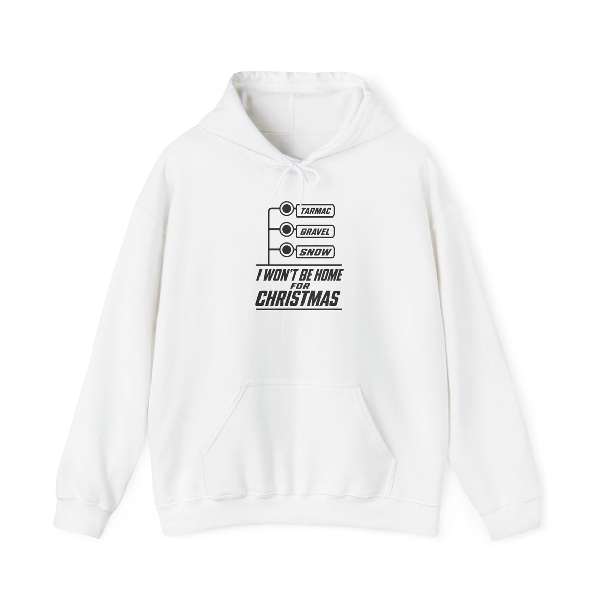 White hoodie with front pocket, drawstring hood, and Tarmac/Gravel/Snow graphic text.