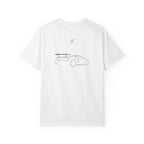 White graphic T-shirt with car outline back print