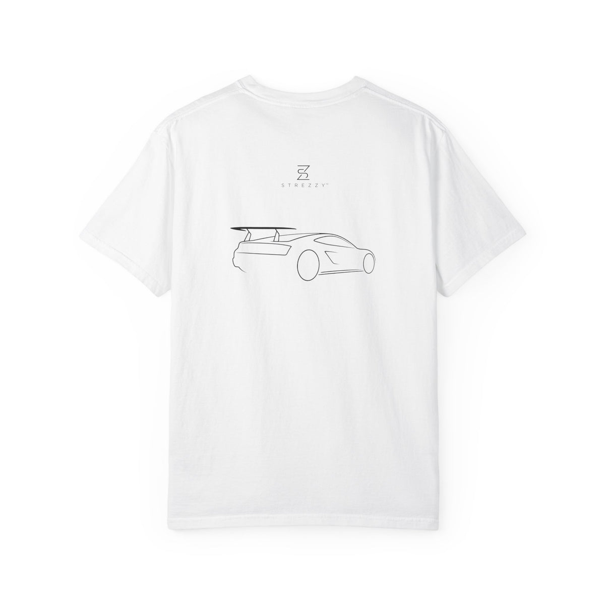 White graphic T-shirt with car outline back print