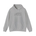 Heather gray hoodie with hood and front pouch pocket, wind graphic logo