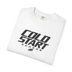 White crewneck graphic T-shirt with large chest logo print, short sleeves