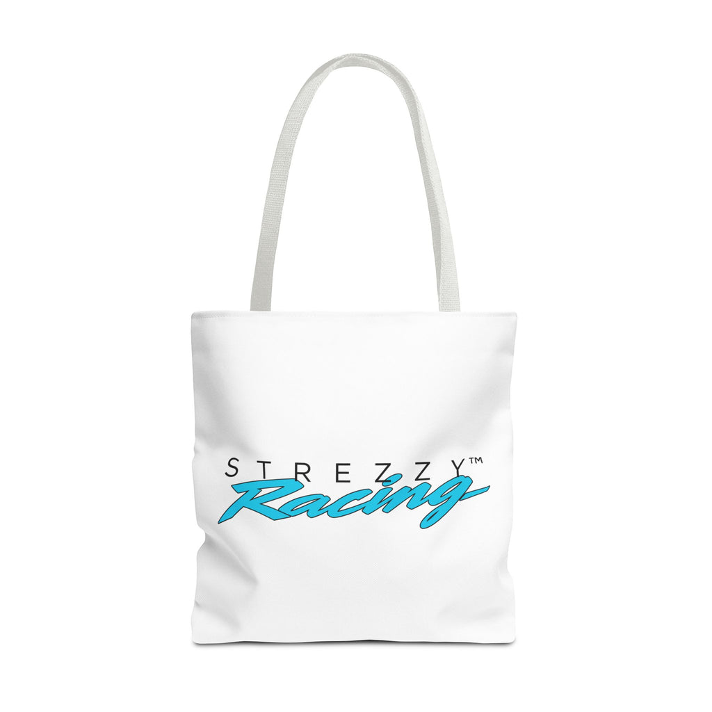White Strezzy Racing tote bag with front logo print and long handles