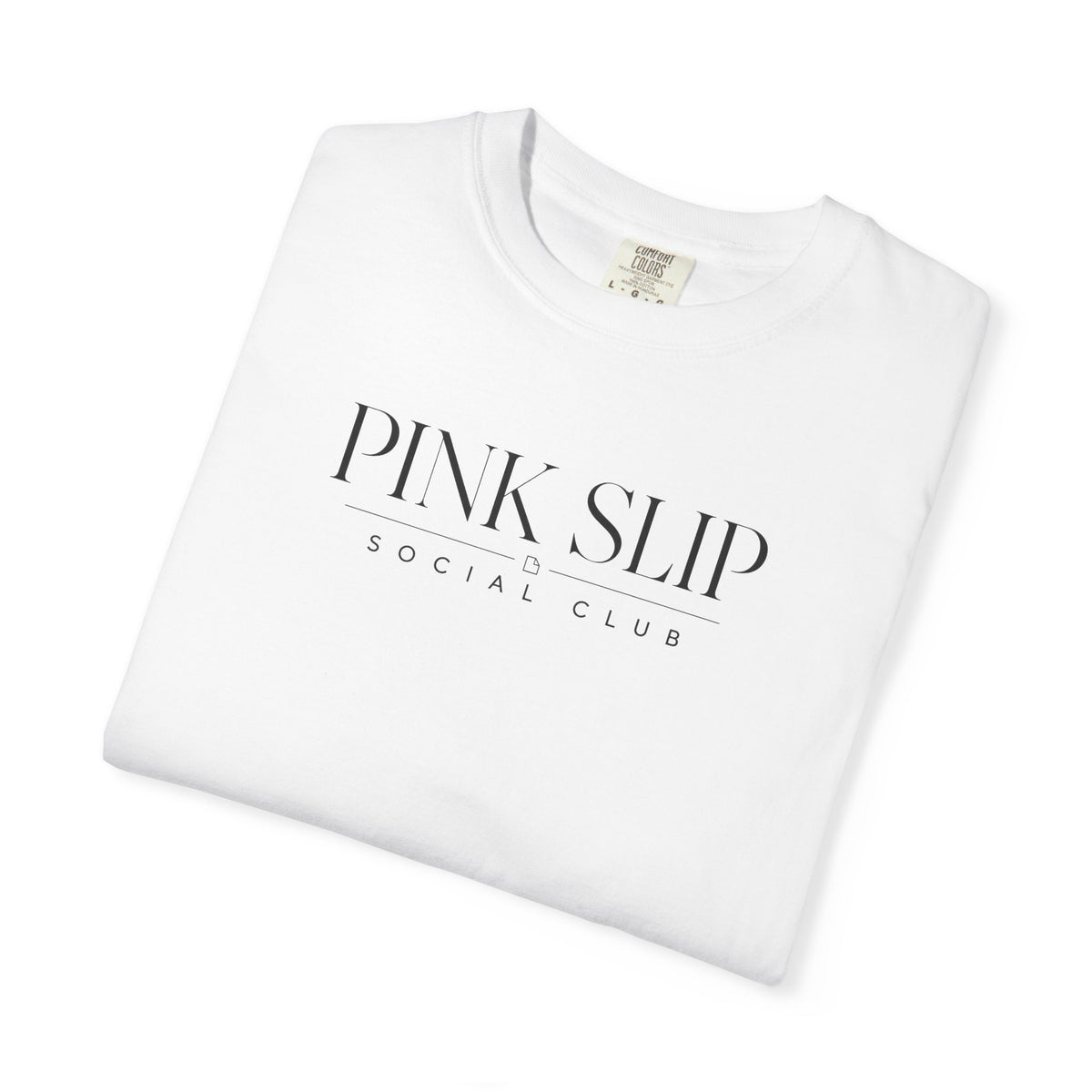 White crewneck T-shirt with "PINK SLIP" Social Club logo print