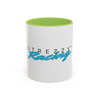 White mug with light-green lid and rim, “Racing” logo on the front
