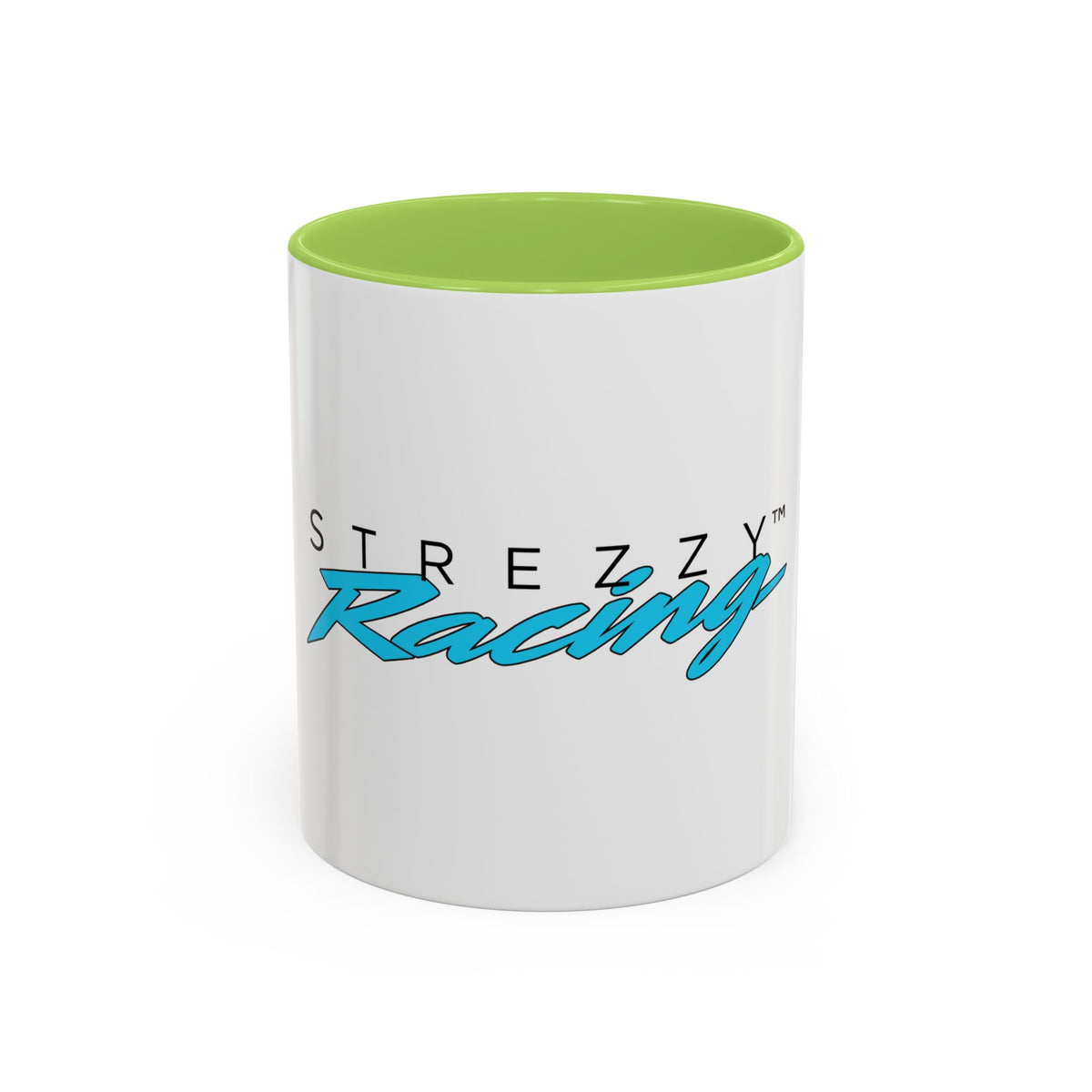 White mug with light-green lid and rim, “Racing” logo on the front