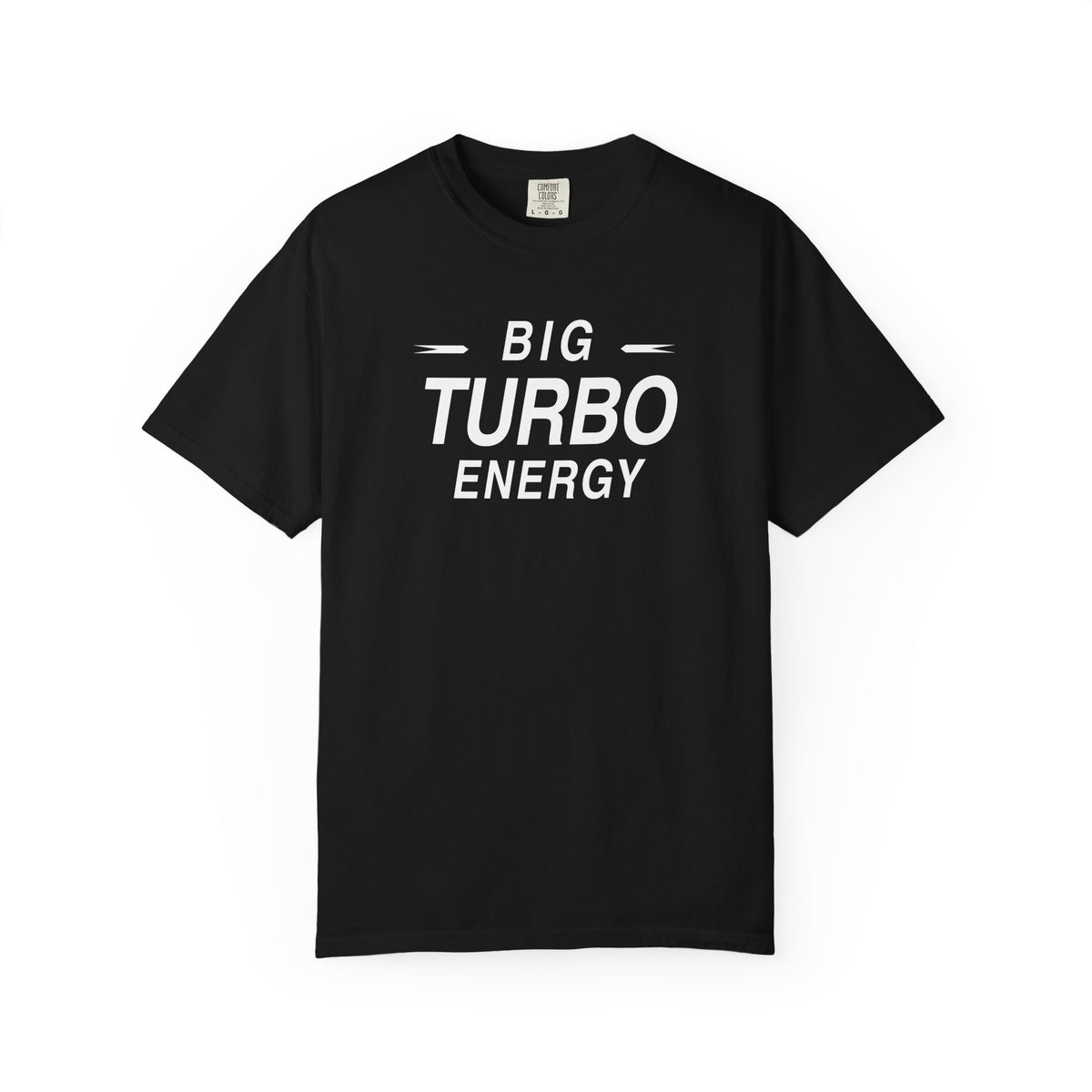 Black T-shirt with 'BIG TURBO ENERGY' front graphic