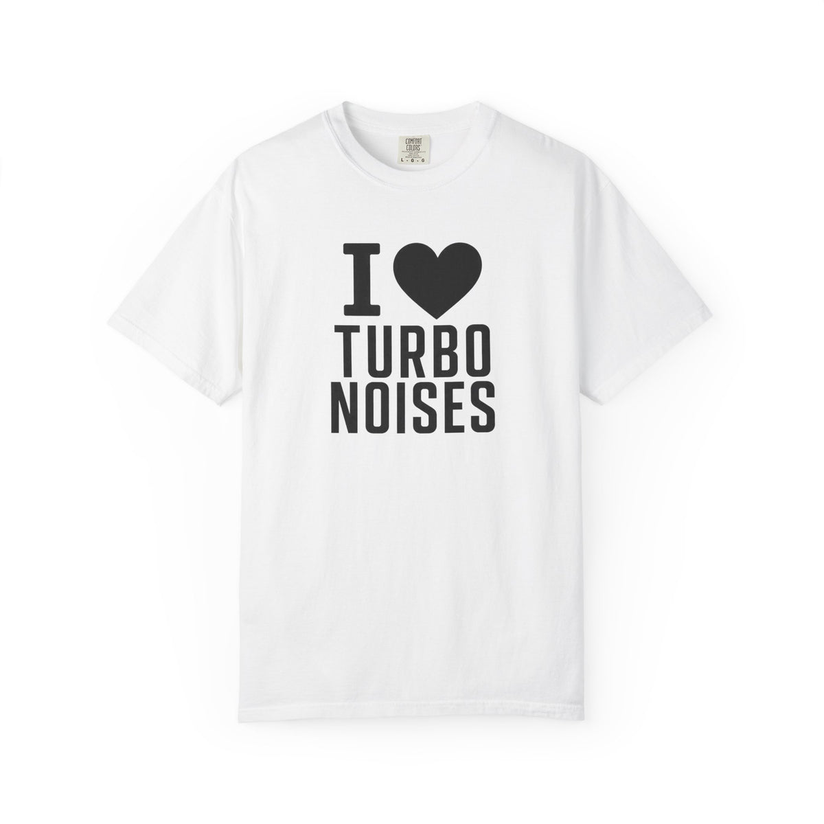 White crew-neck T-shirt with 'I ♥ TURBO NOISES' graphic
