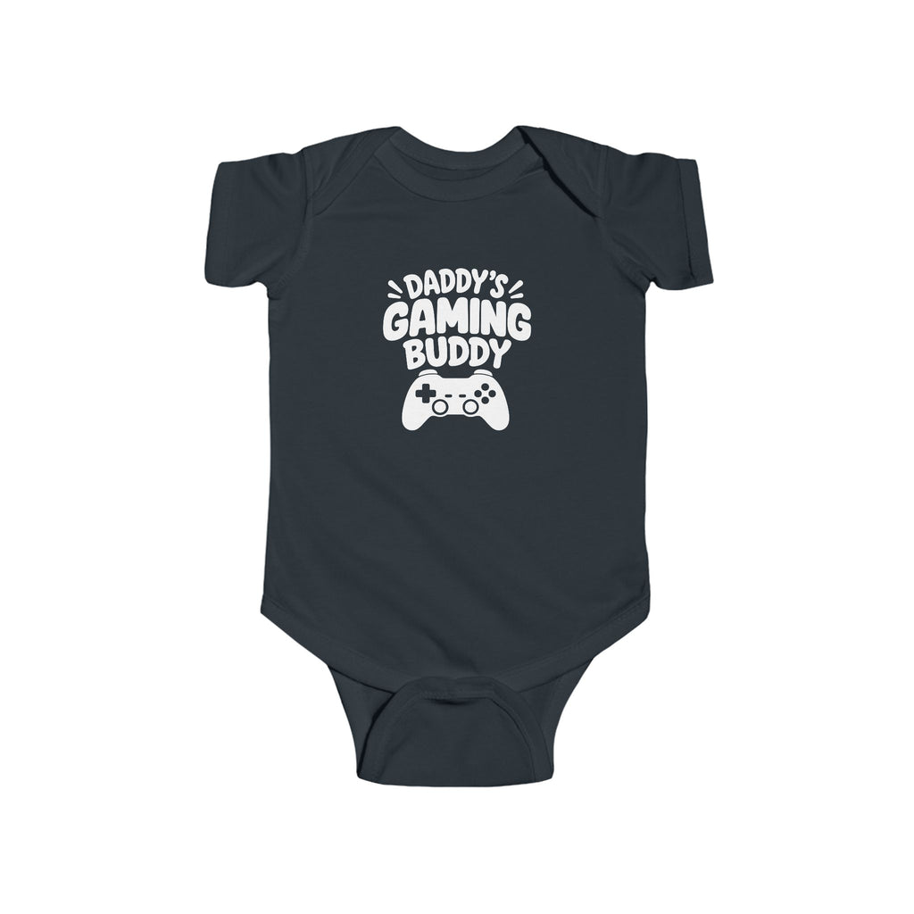 Black baby short-sleeve bodysuit with 'Daddy's Gaming Buddy' controller graphic