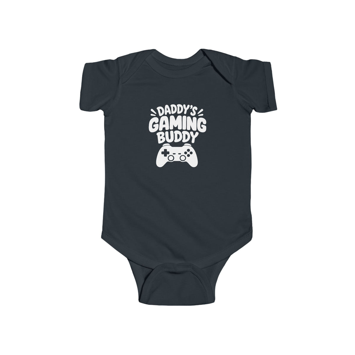 Black baby short-sleeve bodysuit with 'Daddy's Gaming Buddy' controller graphic