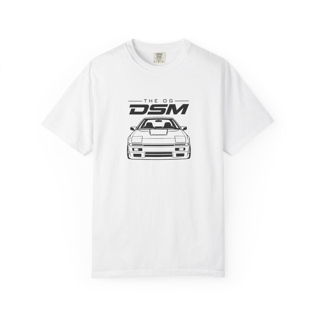 White crewneck T-shirt with large front car graphic print and logo