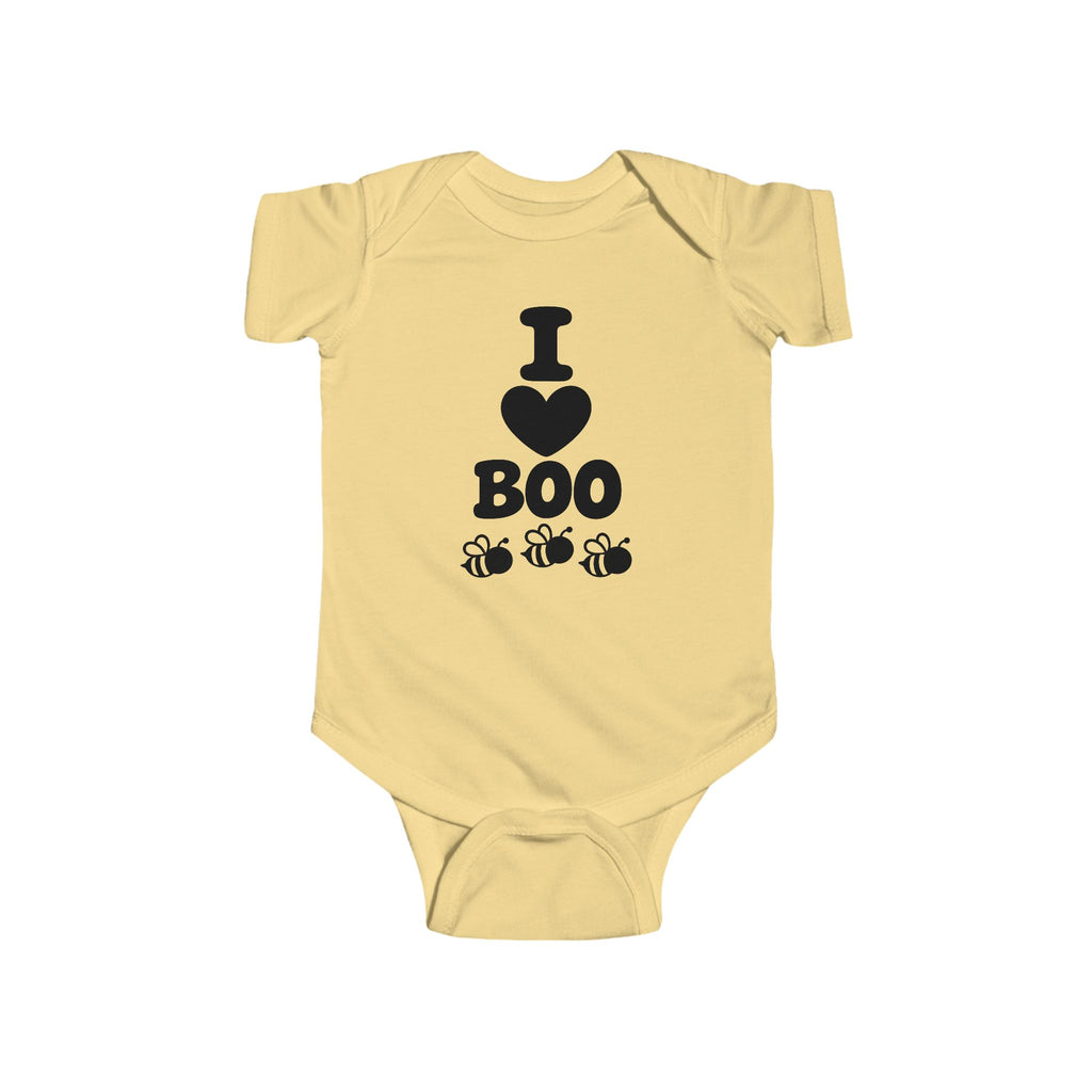 Butter baby bodysuit with “I Boo” heart and spider graphic on the front
