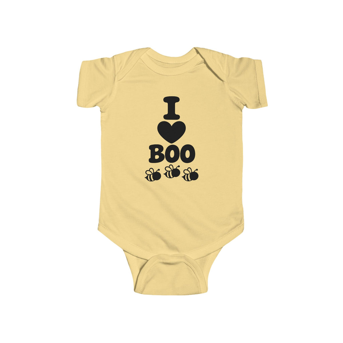 Butter baby bodysuit with “I Boo” heart and spider graphic on the front