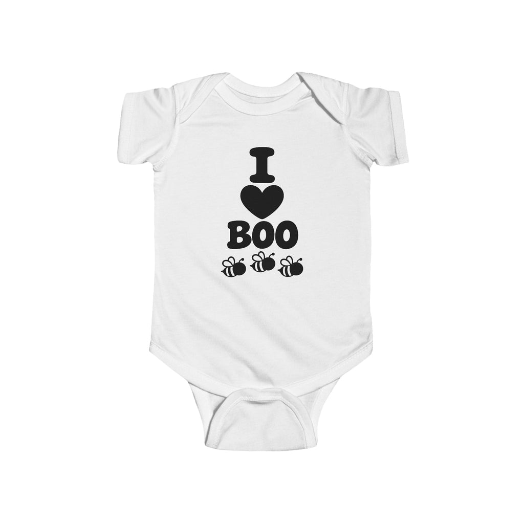 White baby bodysuit with “I Boo” heart and spider graphic on the front