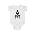 White baby bodysuit with “I Boo” heart and spider graphic on the front