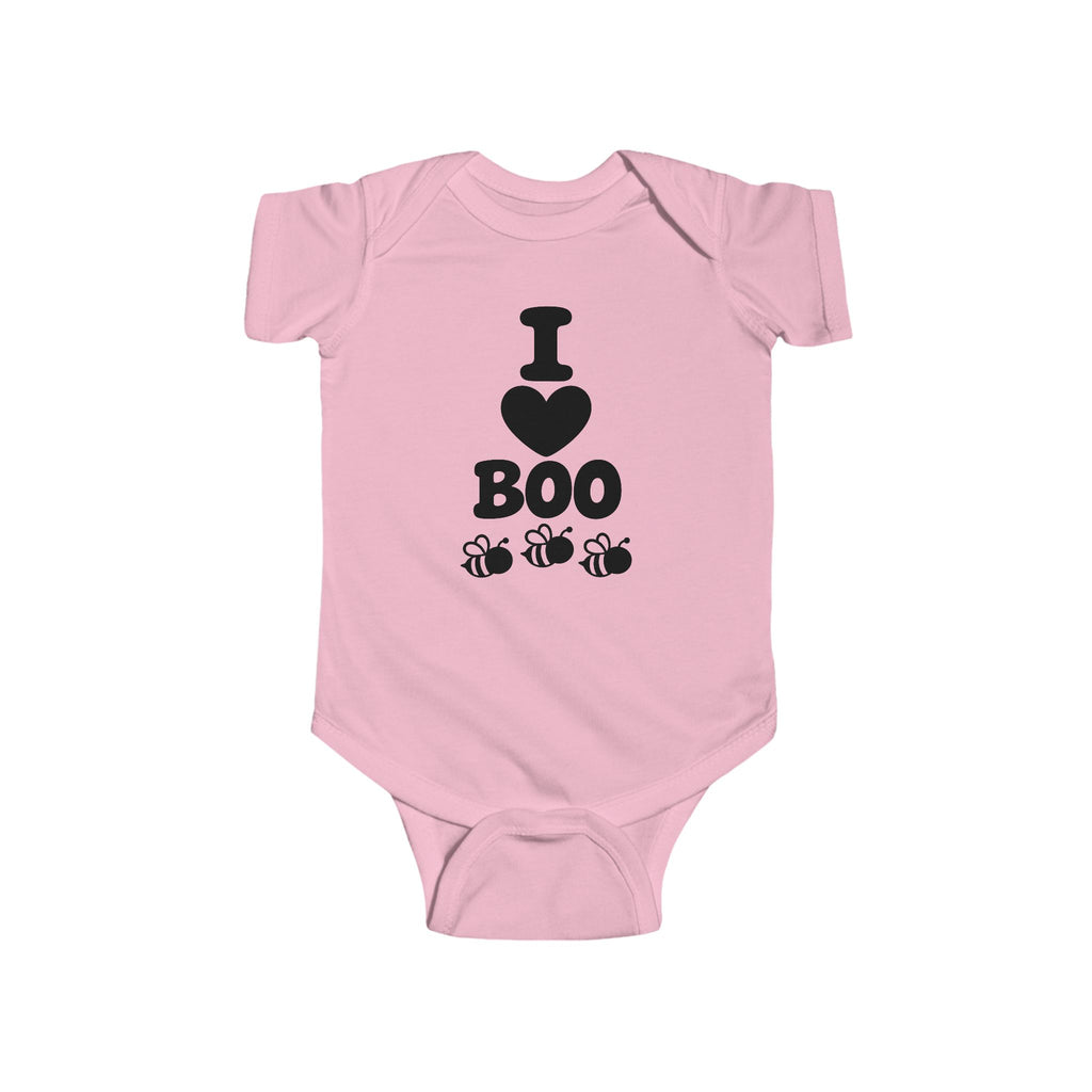 Pink baby bodysuit with “I Boo” heart and spider graphic on the front