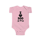 Pink baby bodysuit with “I Boo” heart and spider graphic on the front