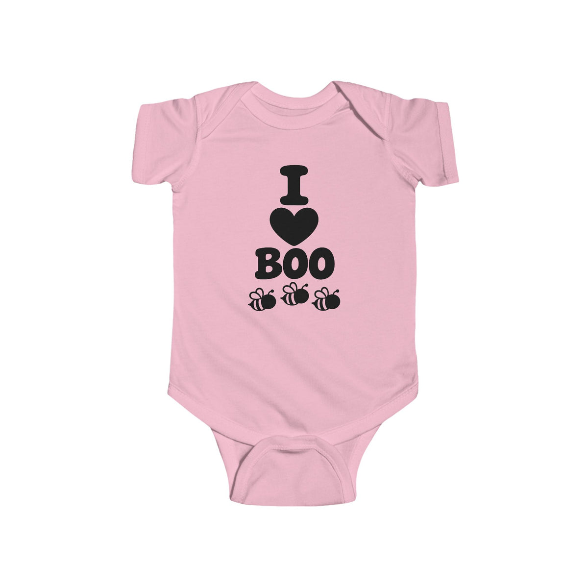 Pink baby bodysuit with “I Boo” heart and spider graphic on the front