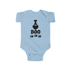 Light blue baby bodysuit with “I Boo” heart and spider graphic on the front