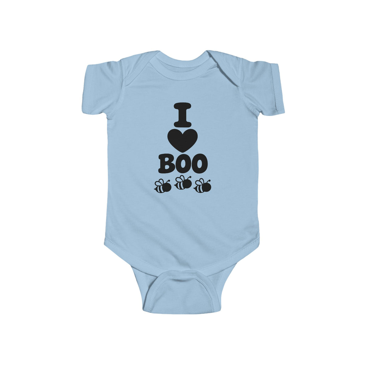 Light blue baby bodysuit with “I Boo” heart and spider graphic on the front