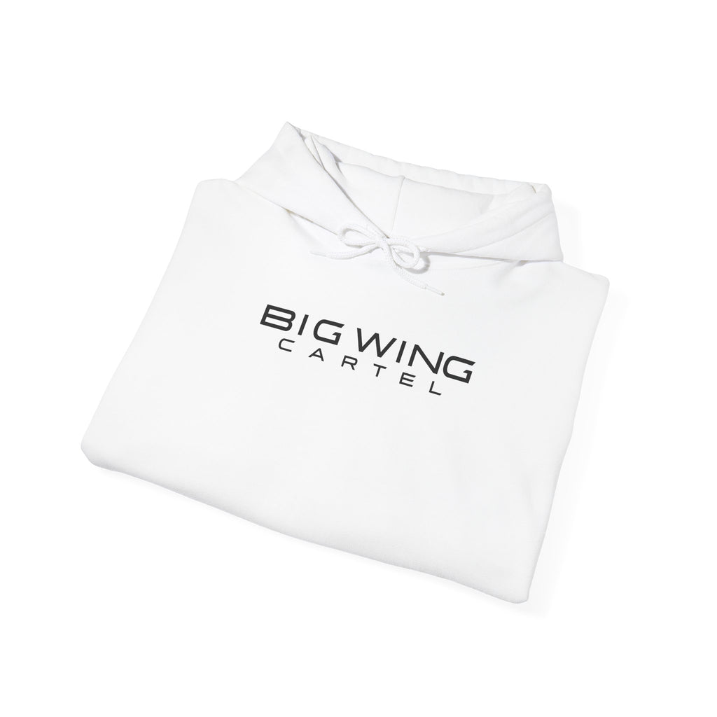 White hoodie with Big Wing Cartel logo text and drawstring hood