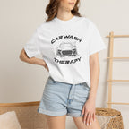 White crew-neck T-shirt with “Car Wash Therapy” car graphic on the front
