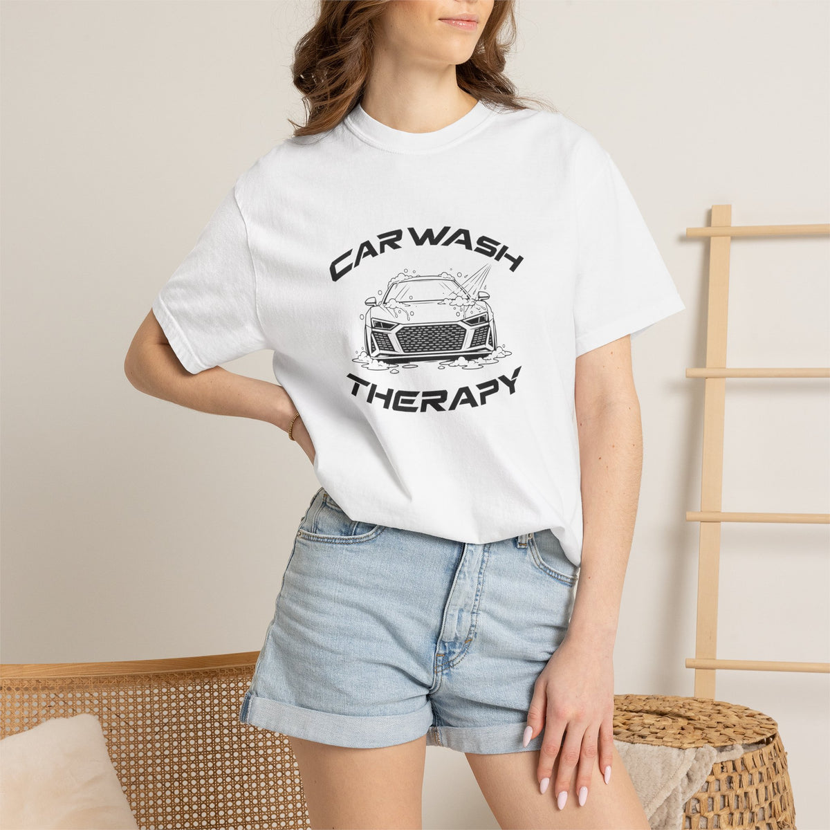 White crew-neck T-shirt with “Car Wash Therapy” car graphic on the front