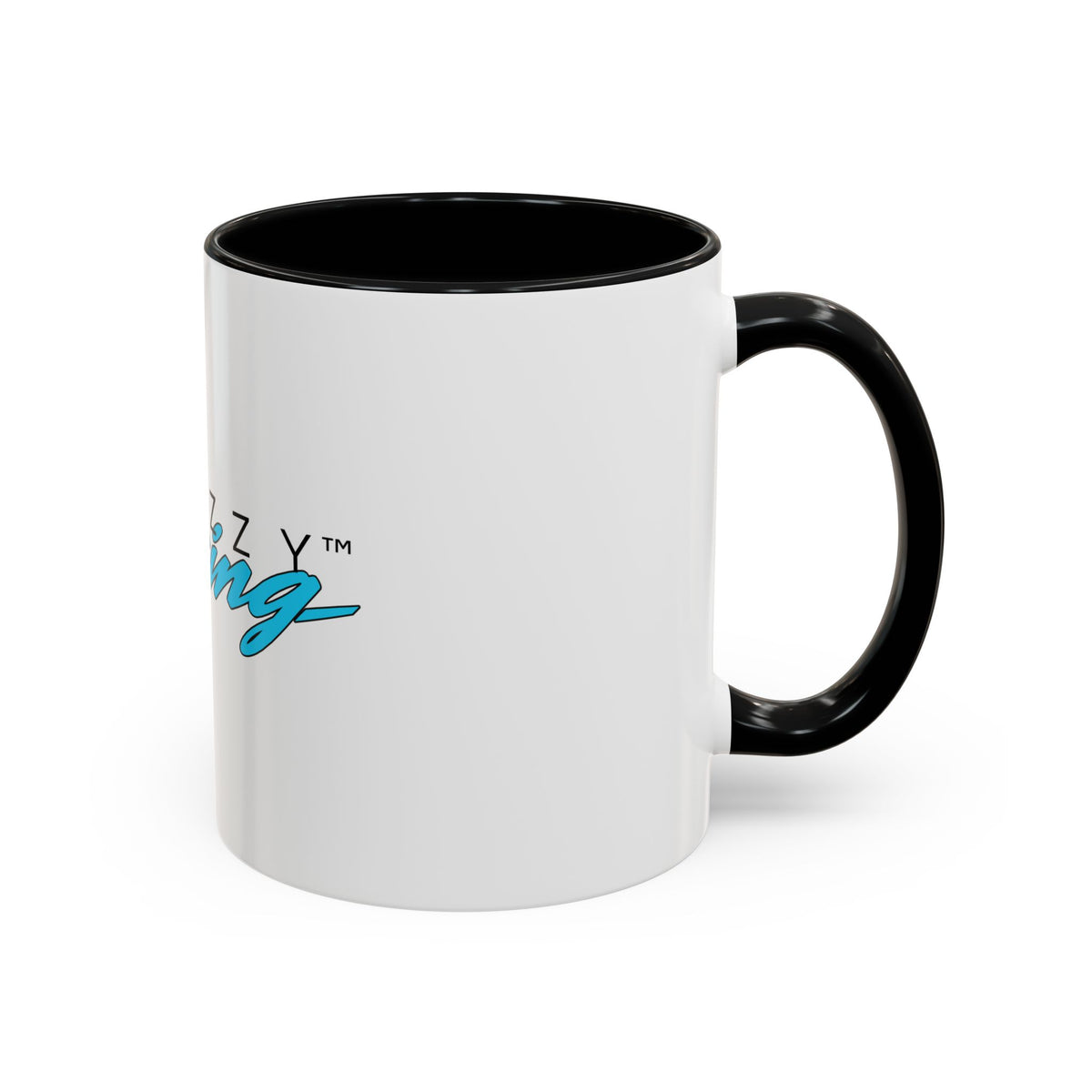 White mug with black interior and black handle, partial “Racing” logo