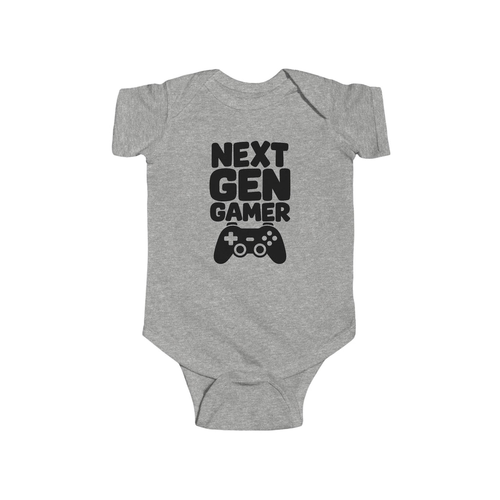 Heather gray baby bodysuit with 'Next Gen Gamer' gaming controller graphic